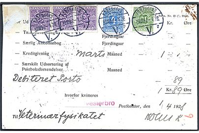 Kvittering for månedsafregning af debiteret porto - Formular F.Form. Nr. 45 (1/7 1927) med 4 øre, 10 øre og 25 øre (3) Portomærke stemplet København d. 2.4.1928. Oprindeligt påsat yderligere portomærke, som er fjernet inden afstempling, antagelig da posthuset fejlagtigt har modsvaret 1 kr. kreditgivning med portomærke.