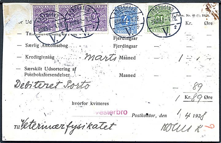 Kvittering for månedsafregning af debiteret porto - Formular F.Form. Nr. 45 (1/7 1927) med 4 øre, 10 øre og 25 øre (3) Portomærke stemplet København d. 2.4.1928. Oprindeligt påsat yderligere portomærke, som er fjernet inden afstempling, antagelig da posthuset fejlagtigt har modsvaret 1 kr. kreditgivning med portomærke.