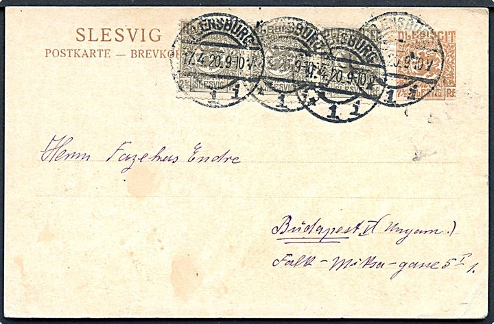7½ pfg. Fælles udg. helsagsbrevkort opfrankeret med 2½ pfg. Fælles udg. i 3-stribe til 15 pfg. udlands brevkort takst fra Flensburg d. 17.4.1920 til Budapest, Ungarn. 