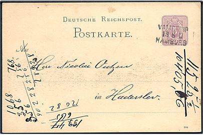 5 pfg. helsagsbrevkort fra Sommersted annulleret med bureaustempel Vamdrup Hamburg d. 18.8.1884 til Haderslev.
