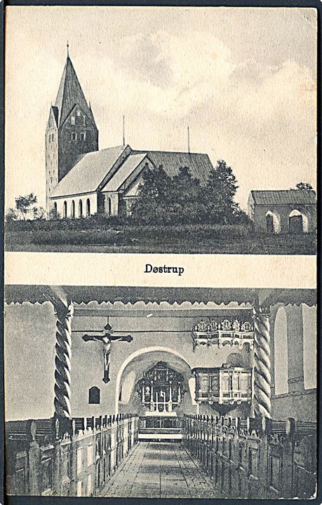 Ufrankeret feltpostkort (Døstrup kirke) fra Døstrup med bureaustempel Tondern - Hvidding Bahnpost Zug 1225 d. 1.10.1917 til Neukirschen, Kr. Tondern.