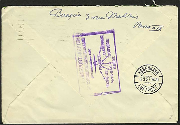 75 c. og 1 fr. på 1. flyvningsbrev fra Paris d. 31.8.1937 til Hellerup, Danmark. På bagsiden violet flyvningsstempel.