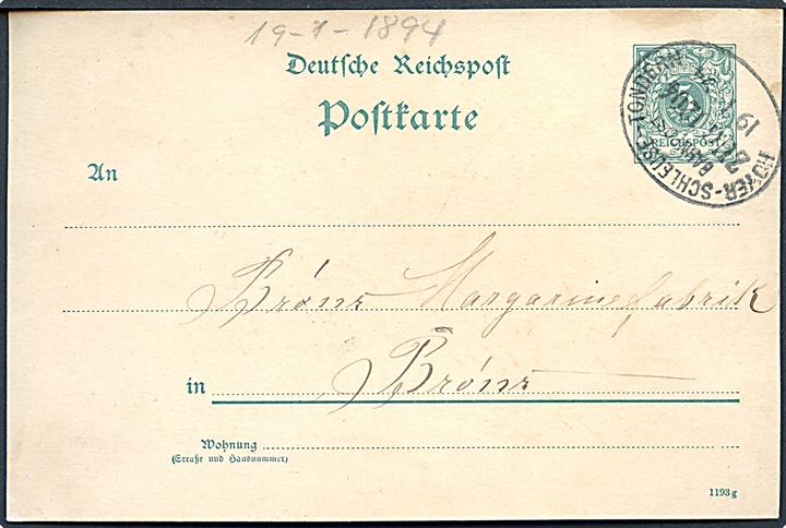 5 pfg. helsagsbrevkort fra Møgeltønder annulleret med bureaustempel Hoyer-Schleuse - Tondern Bahnpost Zug 1204 d. 19.1.1894 til Brøns.