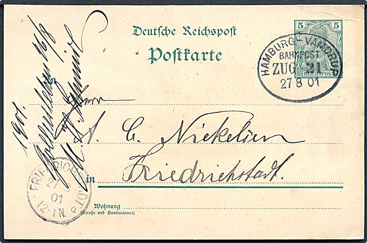 5 pfg. Germania helsagsbrevkort fra Bollersleben annulleret med bureaustempel Hamburg - Vamdrup Bahnpost Zug 21 d. 27.8.1901 til Friedrichstadt.