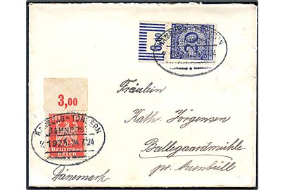 10 pfg. Adler og 20 pfg. Ciffer på brev annulleret med bureaustempel Hamburg - Tondern Bahnpost Zug 1923 d. 24.7.1924 til Avnbøl, Danmark. Mere end et år senere end angivet i Daka.