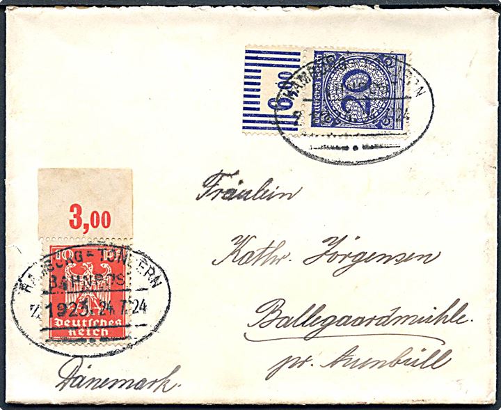 10 pfg. Adler og 20 pfg. Ciffer på brev annulleret med bureaustempel Hamburg - Tondern Bahnpost Zug 1923 d. 24.7.1924 til Avnbøl, Danmark. Mere end et år senere end angivet i Daka.