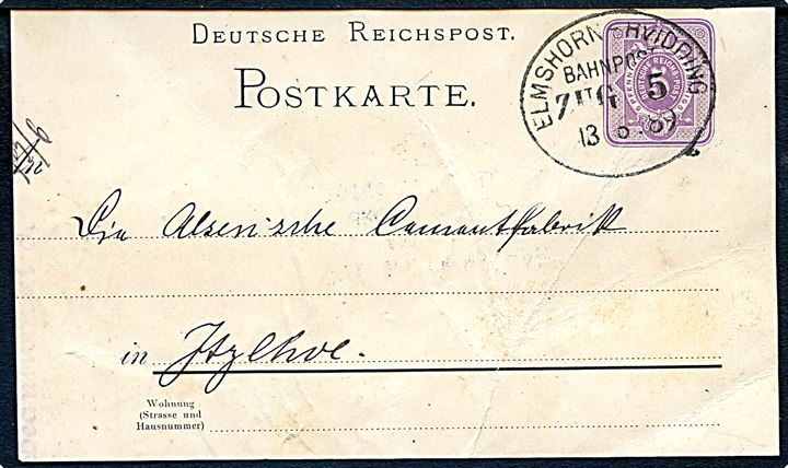 5 pfg. helsagsbrevkort annulleret med vanskeligt bureaustempel Elmshorn - Hvidding Bahnpost Zug 5 d. 13.6.1889 til Itzehoe. Helsagskort kraftigt beklippet.