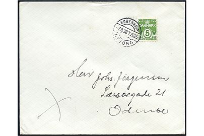 5 øre Bølgelinie på tryksag annulleret med bureaustempel København - Nyborg T.2025 d. 7.9.1938 til Odense.