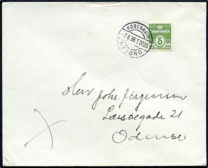 5 øre Bølgelinie på tryksag annulleret med bureaustempel København - Nyborg T.2025 d. 7.9.1938 til Odense.