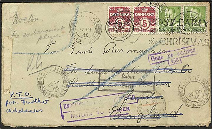 5 øre Bølgelinie (2) og 15 øre Fr. IX på brev fra Esbjerg d. 16.12.1948 til Nocton, England. Retur med flere stempler. Lidt nusset.