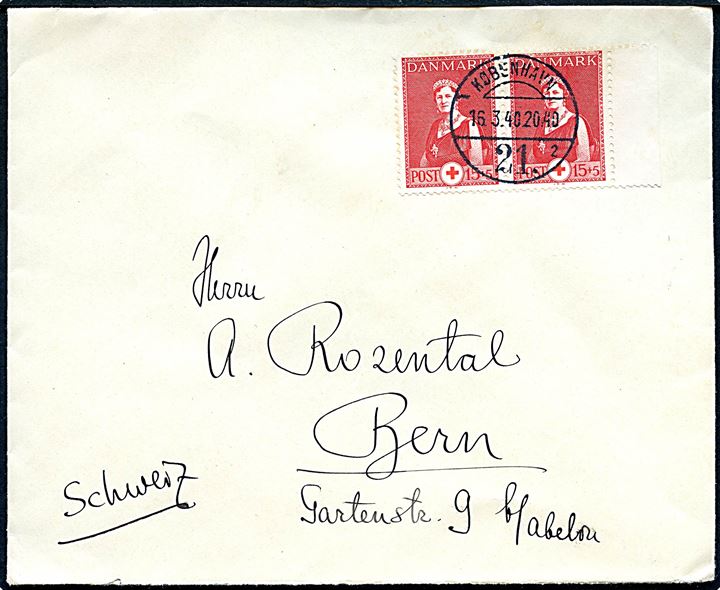 15+5 øre Røde Kors i parstykke på brev fra København d. 16.3.1940 til Bern, Schweiz.