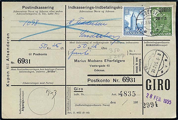20+5/15+5 øre Provisorium og 60 øre 1000 års udg. på retur Indkasserings-Indbetalingskort fra Odense d. 19.2.1955 til Sønderborg.