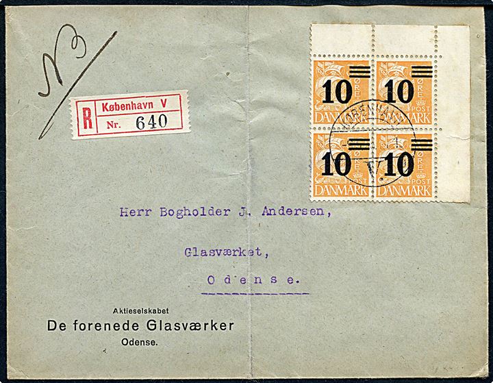 10/30 øre Provisorium i fireblok på anbefalet brev fra København d. 9.5.1938 til Odense. Fold.