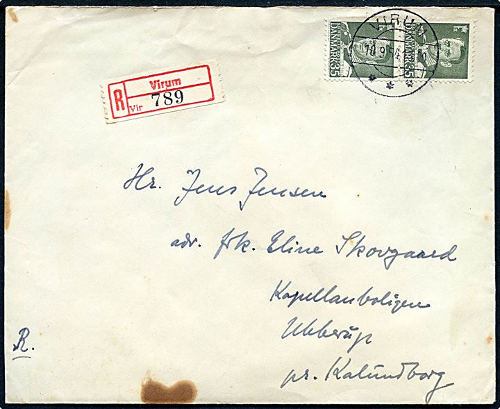 35 øre Fr. IX i parstykke på anbefalet brev fra Virum d. 10.9.1954 til Ubberup pr. Kalundborg. Skjold.