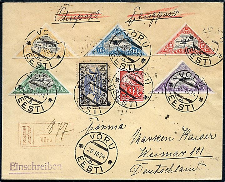 Komplet sæt Luftpost utakket, samt 9 mk. Smed og 25 mk. Vikingeskib på anbefalet luftpostbrev fra Vöru d. 20.10.1924 til Weimar, Tyskland.