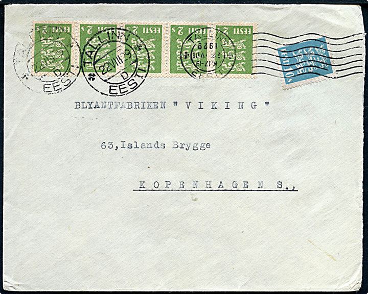 2 s. (5) og 10 s. Løver på brev fra Tallinn d. 22.8.1929 til København, Danmark.