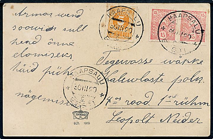 5 p. og 15 p. (par) utakket på brevkort fra Haapsalu d. 30.3.1920 til soldat ved militæradresse: Kalevlaste polk 4os rood, 1ne rühm. Påskrevet: Tegevasse väkke (= I aktiv tjeneste).