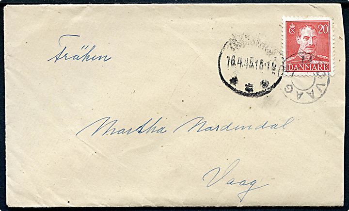 20 øre Chr. X på brev annulleret med udslebet stjernestempel MIDVAAG og sidestemplet Thorshavn d. 16.4.1945 til Vaag.