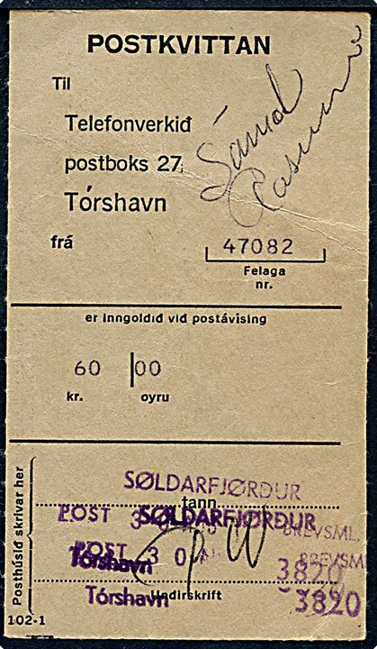 Postkvittering med trodat-stempel Søldarfjørdur Brevsamlingssted i 1970'erne.