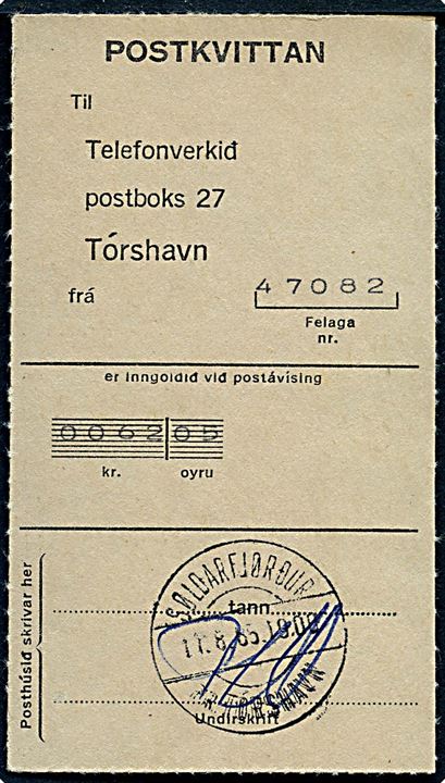 Postkvittering med pr.stempel Søldarfjørdur pr. Tórshavn d. 11.8.1965.