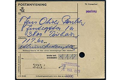 Postanvisning med liniestempel Postsag og trodatstempel Tórshavn Postkontor d. 6.3.1973.