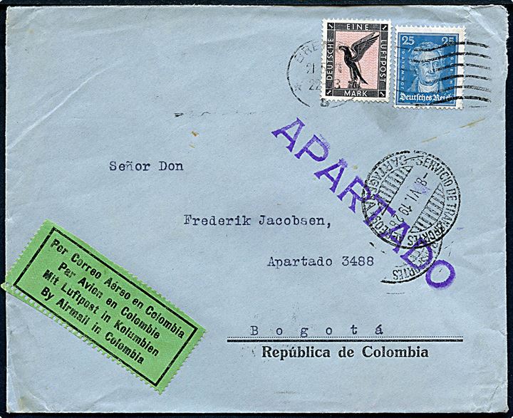 25 pfg. og 1 mk. på brev fra Bremen d. 21.5.1928 til Bogota, Colombia. Grøn 4-sproget luftpost etiket Mit Luftpost in Kolombien med SCADTA luftpoststempler fra Cartagena d. 8.6.1928 og Bogota d. 11.6.1928.