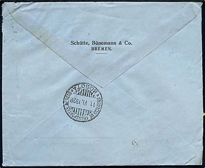 25 pfg. og 1 mk. på brev fra Bremen d. 21.5.1928 til Bogota, Colombia. Grøn 4-sproget luftpost etiket Mit Luftpost in Kolombien med SCADTA luftpoststempler fra Cartagena d. 8.6.1928 og Bogota d. 11.6.1928.