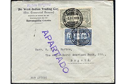 Colombia 4 c. (par) og 20 c. SCADTA luftpost (par) på luftpostbrev fra det danske firma The West-Indian Trading Coy. i Barranquilla d. 2.11.1928 til Bogota.