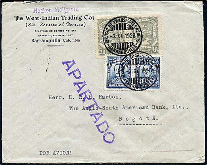 Colombia 4 c. (par) og 20 c. SCADTA luftpost (par) på luftpostbrev fra det danske firma The West-Indian Trading Coy. i Barranquilla d. 2.11.1928 til Bogota.