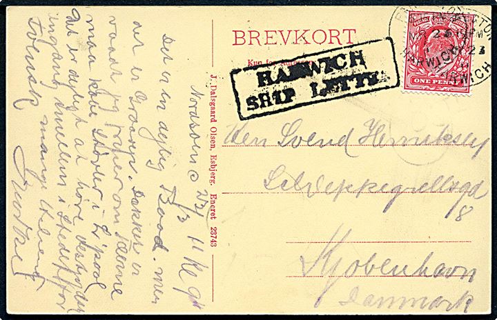 1d Edward VII på brevkort (DFDS Englandsbåden S/S Ficaria) skrevet i Nordsøen og annulleret Parkeston Harwich d. 23.3.1911 og sidestemplet HARWICH SHIP LETTER til Kjøbenhavn, Danmark.