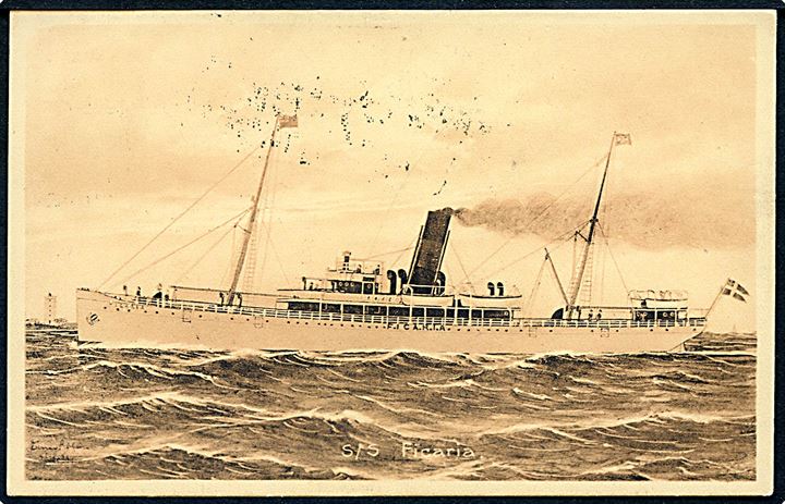 1d Edward VII på brevkort (DFDS Englandsbåden S/S Ficaria) skrevet i Nordsøen og annulleret Parkeston Harwich d. 23.3.1911 og sidestemplet HARWICH SHIP LETTER til Kjøbenhavn, Danmark.