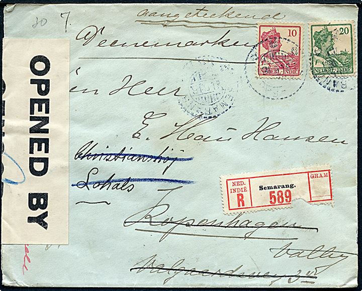 10 c. og 20 c. på anbefalet brev fra Semarang d. 31.5.1916 via London til København, Danmark - eftersendt til Lohals. Åbnet af britisk censur no. 812.