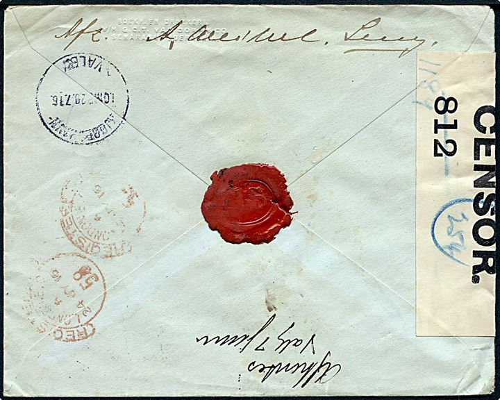 10 c. og 20 c. på anbefalet brev fra Semarang d. 31.5.1916 via London til København, Danmark - eftersendt til Lohals. Åbnet af britisk censur no. 812.