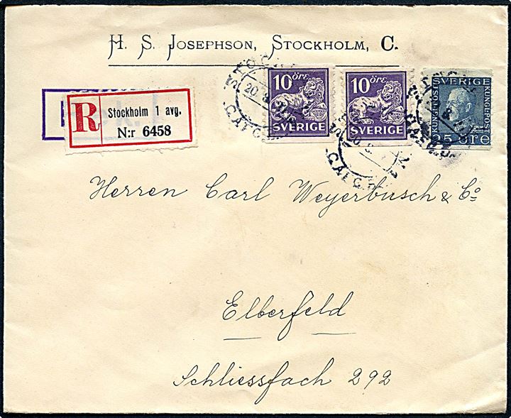 10 öre Løve (2) og 25 öre Gustaf på anbefalet brev fra Stockholm d. 20.8.1927 til Elberfeld, Tyskland.