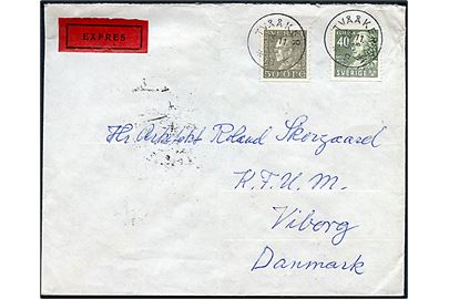 40 öre Tessin og 50 öre Gustaf på ekspresbrev fra Tvåker d. 23.11.1953 via bureau København - Helsingborg T.430 til Viborg, Danmark.