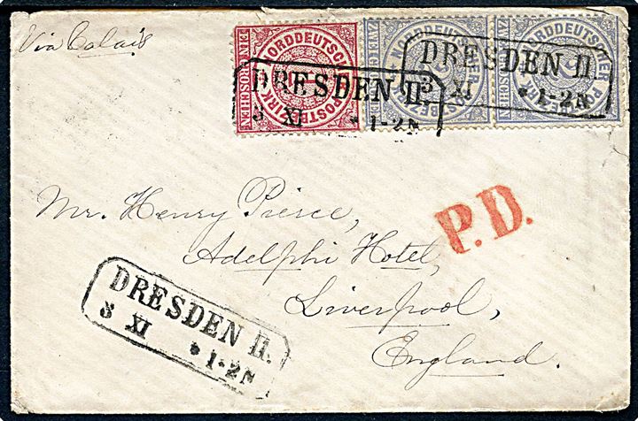 1 gr. og 2 gr. (par) på 5 gr. frankeret brev annulleret med rammestempel Dresden II d. 3.11.1869 til Liverpool, England. Påskrevet via Calais. Svag takning.