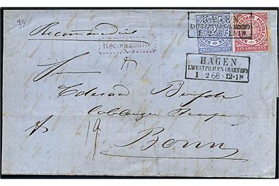 1 gr. og 2 gr. stukken kant på anbefalet brev stemplet Hagen I. Westphalen (Bahnhf) d. 1.2.1868 til Bonn. 