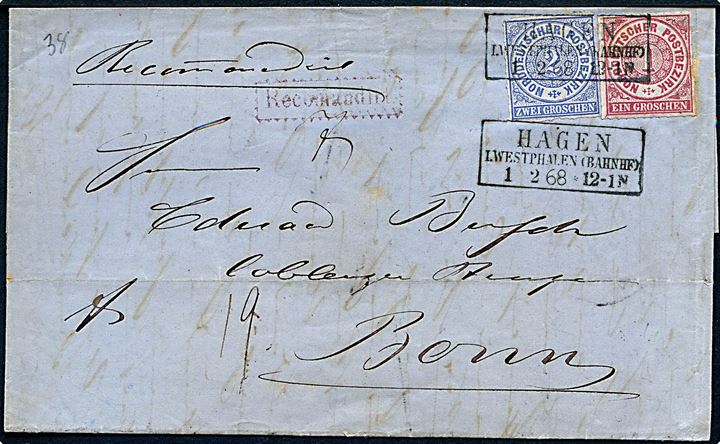 1 gr. og 2 gr. stukken kant på anbefalet brev stemplet Hagen I. Westphalen (Bahnhf) d. 1.2.1868 til Bonn. 