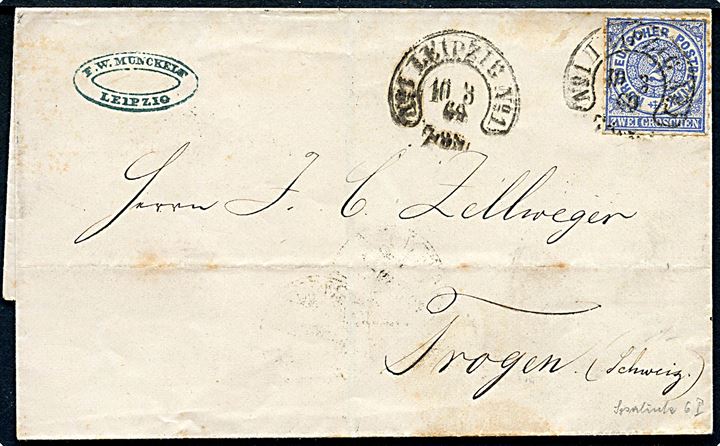 2 gr. stukken kant single på brev annulleret med hestesko-stempel No. 1 Leipzig No. 1 d. 10.3.1869 via bureau Basel-Olten, Zürich-St.Gallen, samt både Zürich og St. Gallen til Trogen, Schweiz.
