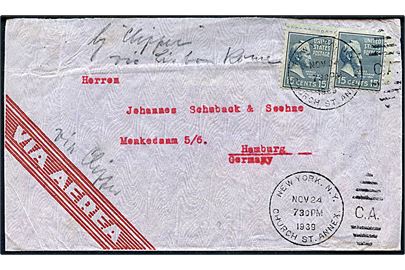 15 cents Buchanan (2) på luftpostbrev fra New York d. 24.11.1939 til Hamburg, Tyskland. Påskrevet by Clipper via Lisbon - Rome. Åbnet af tysk toldkontrol.
