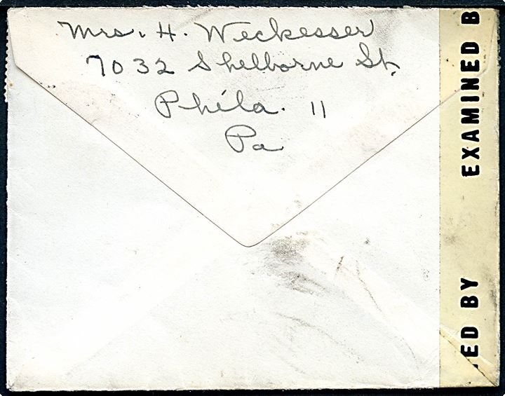 6 cents Transport på brev fra Philadelphia d. 1.2.1945 til Internationale Røde Kors i Genevé, Schweiz. Åbnet af amerikansk censur no. 11187 og stemplet: NO AIR MAIL SERVICE TO COUNTRY NAMED.