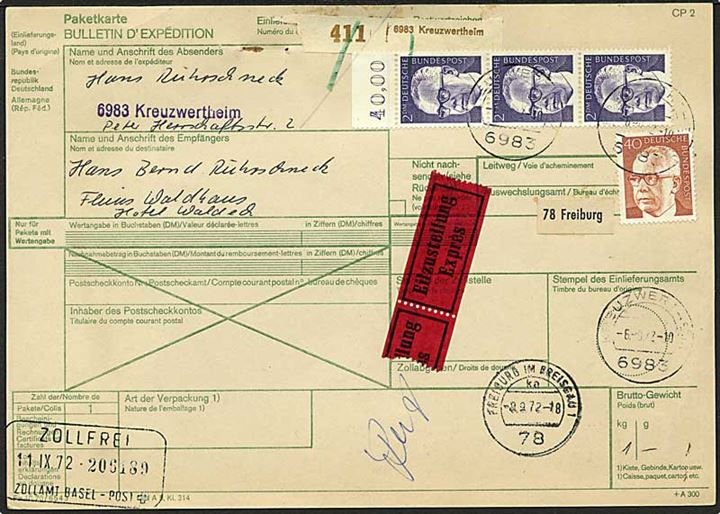 40 pfg. og 2 mk. (3) Heinemann på adressekort for pakke fra Kreuzwertheim d. 6.9.1972 til Schweiz.