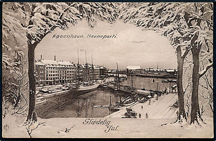 Glædelig Jul. København. Havneparti med sne. J. Chr. Olsens Kunstforlag no. 5. Med julemærke. 