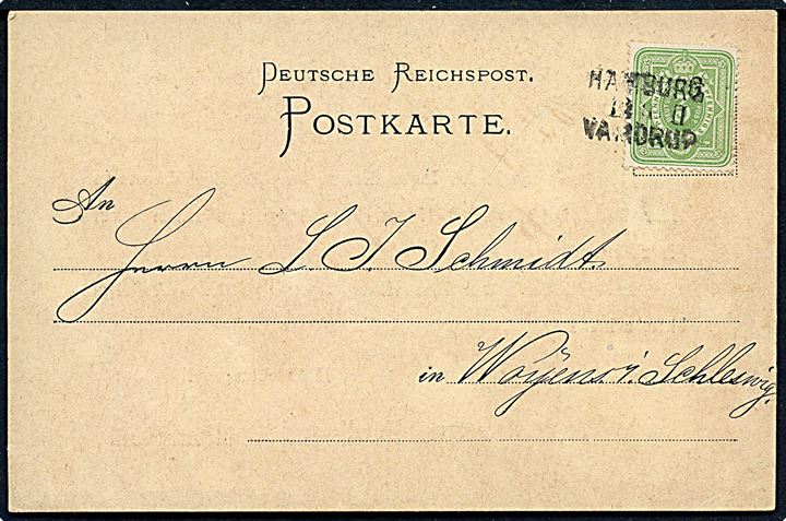 3 pfg. Ciffer på tryksagskort fra Bremen annulleret med bureaustempel Hamburg - Vamdrup d. 13.4.18xx til Woyens.