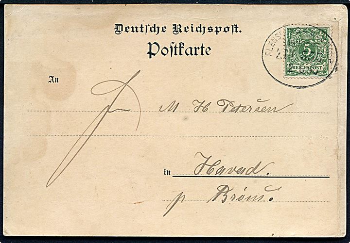 5 pfg. på brevkort fra Bollerslev annulleret med bureaustempel Flensburg - Wamdrup Bahnpost Zug 555 d. 2.7.1890 til Havad pr. Brøns. Lidt nusset.