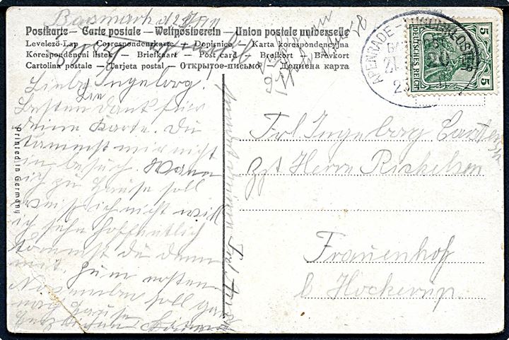 5 pfg. Germania på brevkort annulleret med bureaustempel Apenrade - Lügumkloster Bahnpost Zug 20 d. 23.7.1911 til Hokkerup