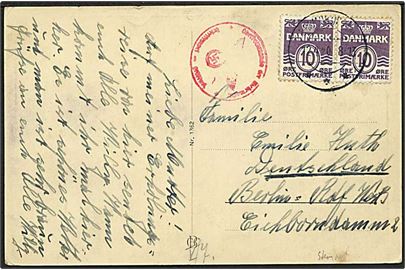 10 øre Bølgelinie i parstykke på brevkort fra Bramdrupdam d. 12.4.1940 til Berlin, Tyskland. Tysk censur.