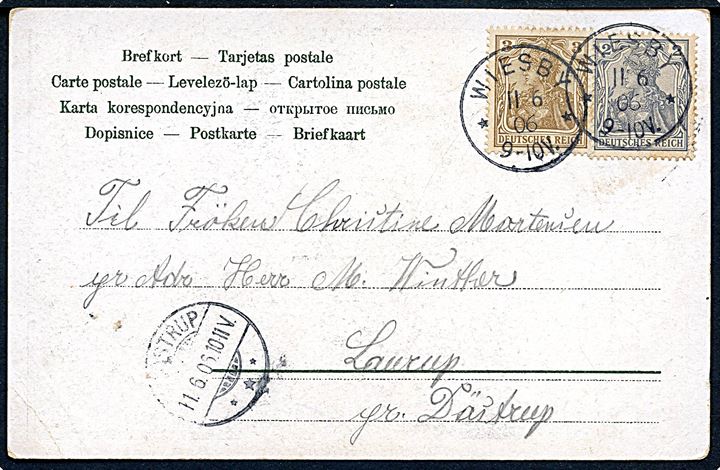 2 pfg. og 3 pfg. Germania på brevkort annulleret med enringsstempel Wiesby d. 11.6.1906 til Döstrup.