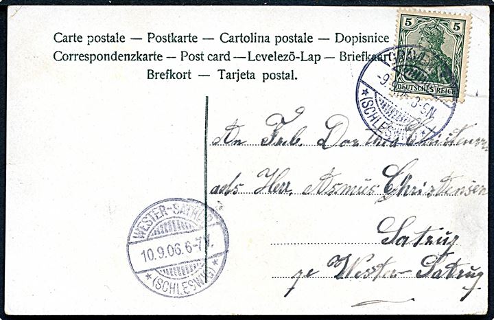 5 pfg. Germania på brevkort fra Gravenstein d. 9.9.1906 til Satrup pr. Wester Satrup. Ank.stemplet Wester-Satrup *(Schleswig)* d. 10.9.1906.