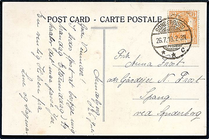7½ pfg. Germania på brevkort stemplet Sonderburg **c d. 26.7.1918 til Spang pr. Sønderborg.